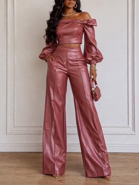 Pants - Faux Leather Wide-Leg Pants in Dusty Rose
